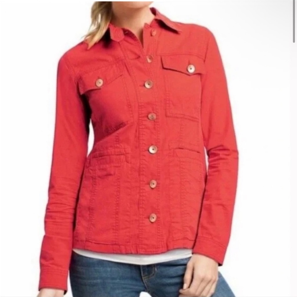 CAbi #727 Taylor Utility Ruffle Back Button Down Jacket Size Medium